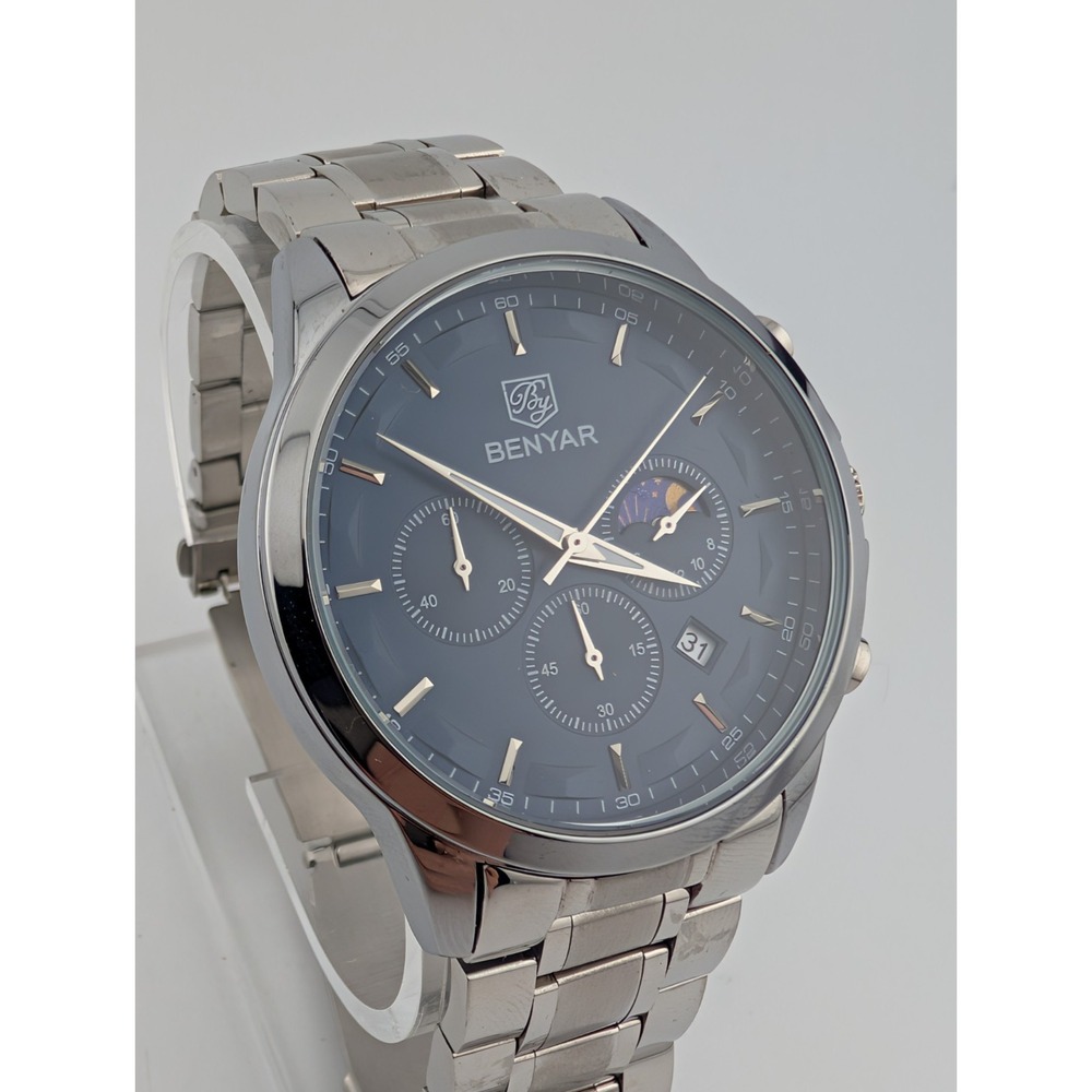 Benyar Chronograph Watch Mens 43mm Blue Dial‎ Date BY-5160M New Battery 7"